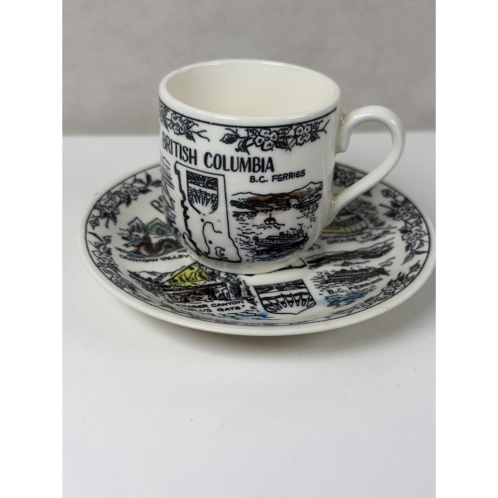 1950s British Columbia Souvenir Teacup & Saucer Set Black Transferware Japan